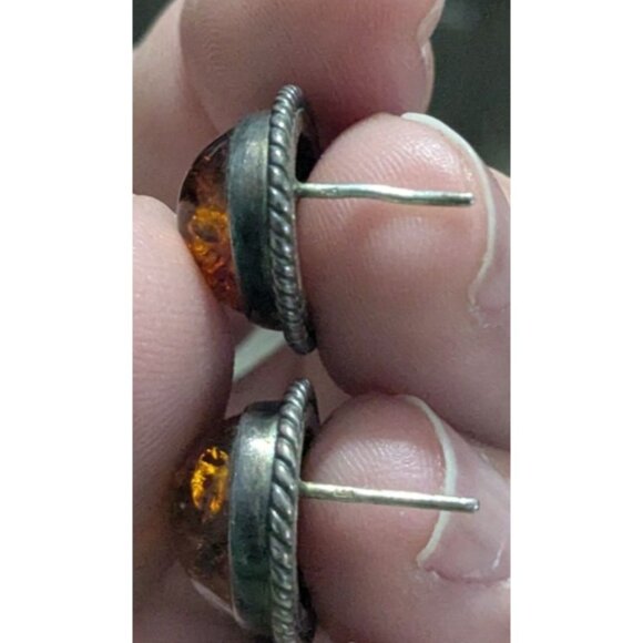 Sterling Silver 925 Amber Oval Stud Earrings Retro Chic Jewelry - Picture 7 of 11
